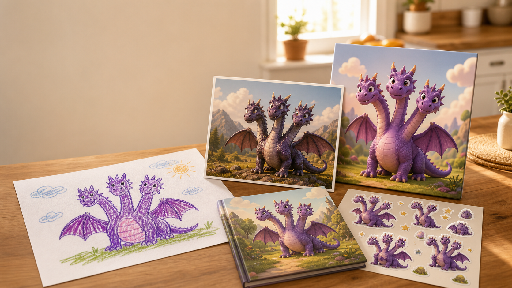 A childlike three-headed dragon drawing transformed into finished keepsake art